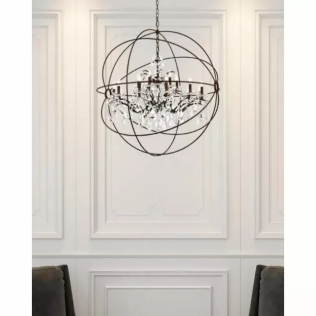 Large Rustic Iron Globe Sphere Crystal Chandelier Ceiling Lighting Fixtures 46"