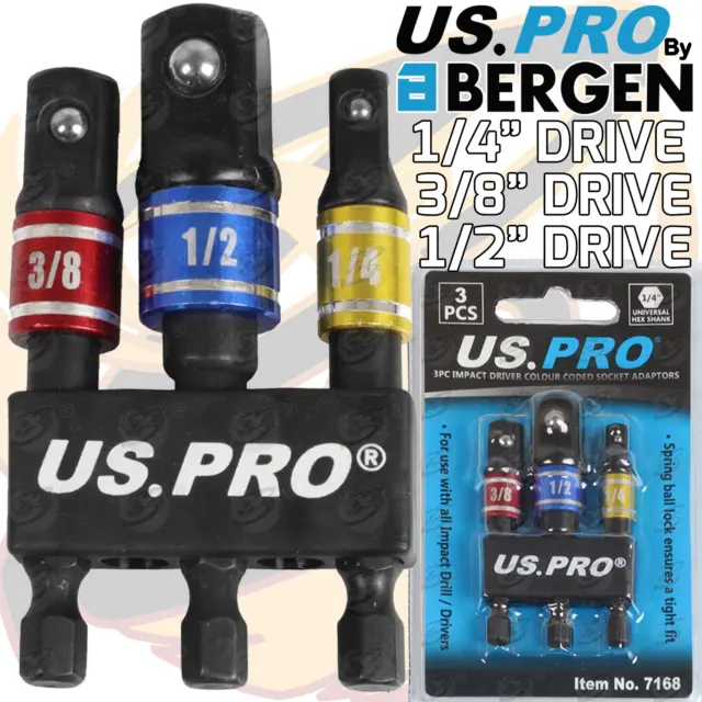 US PRO IMPACT Drill Socket Adaptor Hex Drive - 1/4" 3/8" 1/2" DR Square Socket