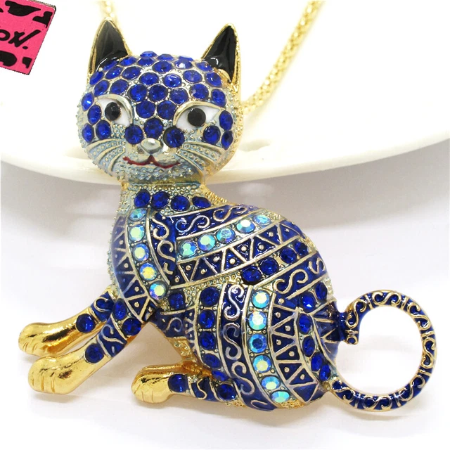 Hot Betsey Johnson Blue Enamel Cute Cat Animal Crystal Pendant Women Necklace