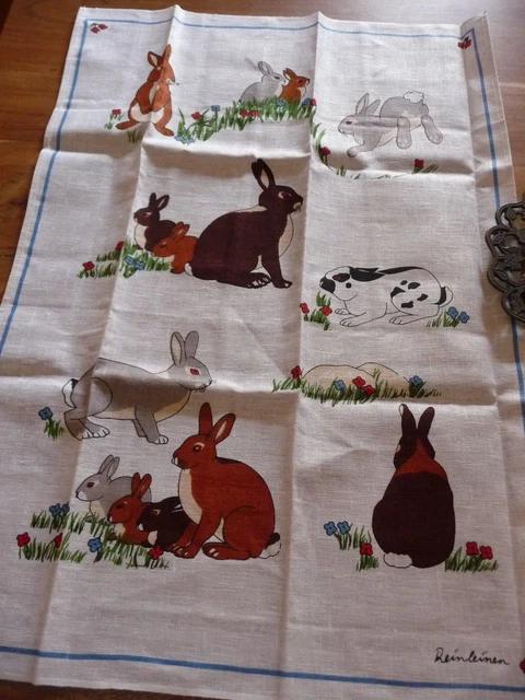 Torchon Ancien En Lin Brodé Lapin Assis