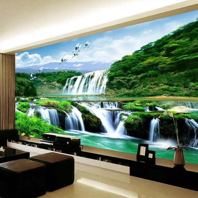 Papel pintado foto mural de pared personalizado de la naturaleza en cascada decoración del hogar verde montaña