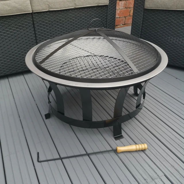 60CM GARDEN FIRE Pit Bowl with Barbecue / BBQ Grill and Mesh Lid £34.95