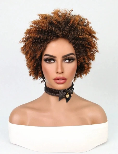 Perruque Courte Afro Bouclée Brun Doré - Synthétique, Avec Bonnet Inclus, Pour Un Look Naturel