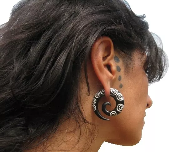 Spiral Tribal Ear Gauge Organic Pair Buffalo Carved Horn/Bone Inlay Stretcher
