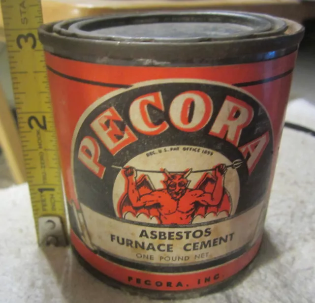 1 lb tin can PECORA ASBESTOS FURNACE CEMENT Devil Satan Logo VTG paper label