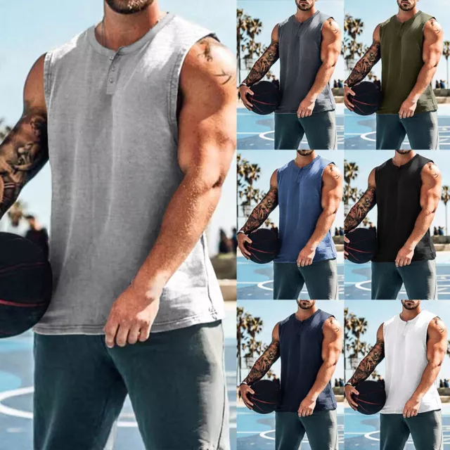 Men Gym Sleeveless Button Fitness Sports Muscle Hooded Vest T-Shirt Tank Top UK.