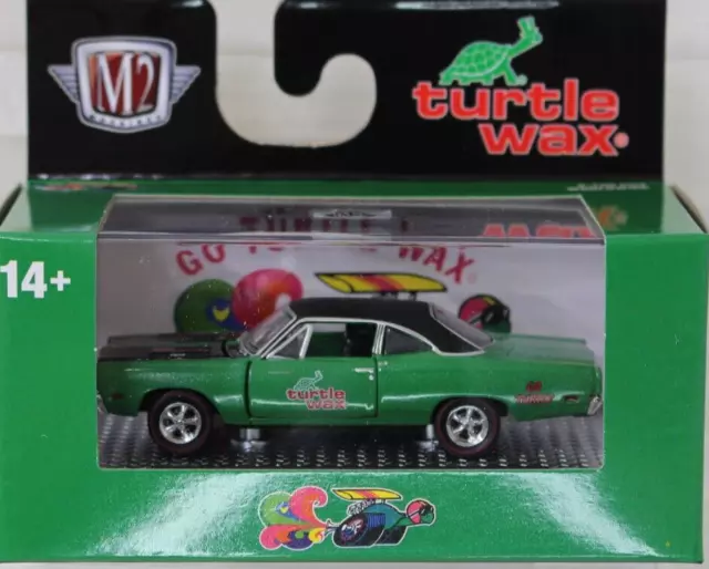 Plymouth 1969 Road Runner Hemi 1/64 "Go Turtle Wax" Green Red Line Tires 5 Spoke