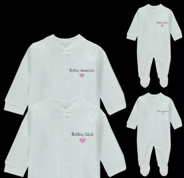 Personalised Heart Babygrow Baby Sleepsuit Boy Girl Unisex Embroidered Any Name