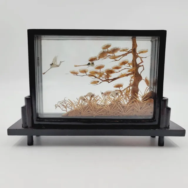 Vintage 7 7/8" San You Cork 3D Art Carving Pagoda Cranes Diorama Lacquer frame