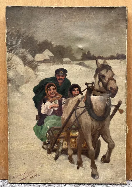 Tableau Ancien Cheval Traîneau Famille Paysage Neige 1909 Signé À Restaurer