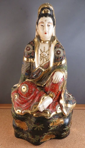 Large Antique 1890s Japanese Moriage Satsuma Seated Buddha Seated Woman Figure