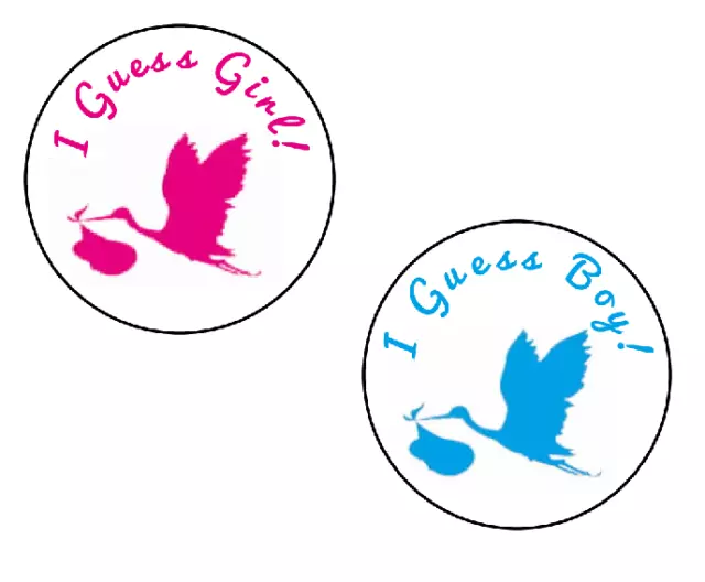 30 Gender Reveal Party Stickers Baby Shower "I Guess Boy" "Girl" Pink Blue Stork