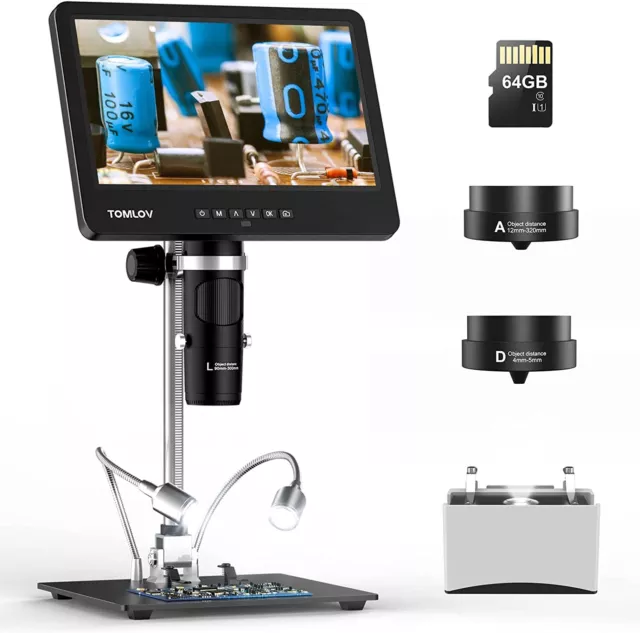 TOMLOV 7"/10" Soldering HDMI Triple Lens Digital Microscope 64GB Coin Microscope