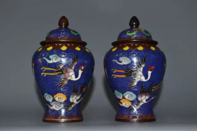 A Pair Chinese Cloisonne Handmade Exquisite Crane Pattern ​General Jar ag2610