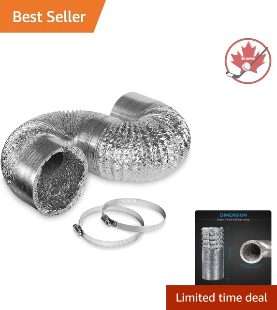 Reinforced Heavy-Duty Aluminum Air Duct - 4in x 8ft - Noise-Reducing - 2 Clamps