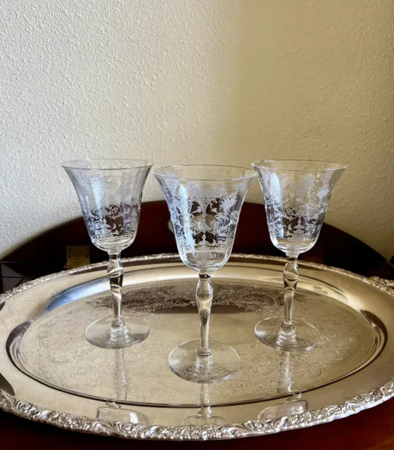 Vintage Wine Glasses 1940's Etched Champagne Stemware Cocktail Barware Set Of 3