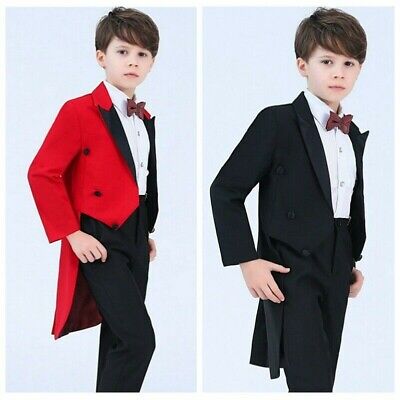 Kids Boy Tuxedo Tail Suits Formal Wedding Tailcoat 4 Piece Set Costume Party