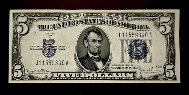 1934 D $5 Dollar Silver Certificate Blue Seal Note