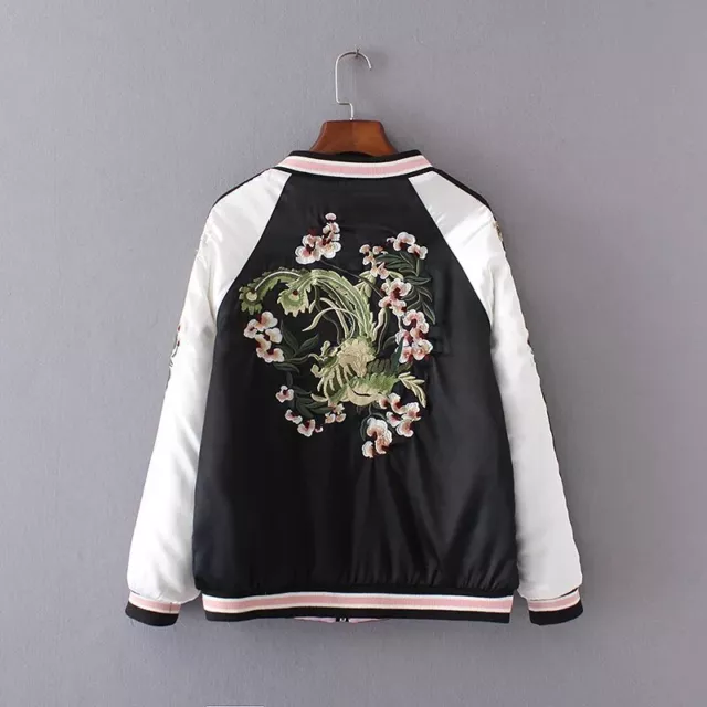 Womens Embroidery Japanese Baseball Jacket Double Side Bomber Sukajan Satin Coat