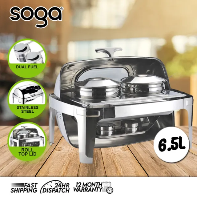 SOGA 6.5L Stainless Steel Double Soup Roll Top Buffet Chafing Dish Food Warmer