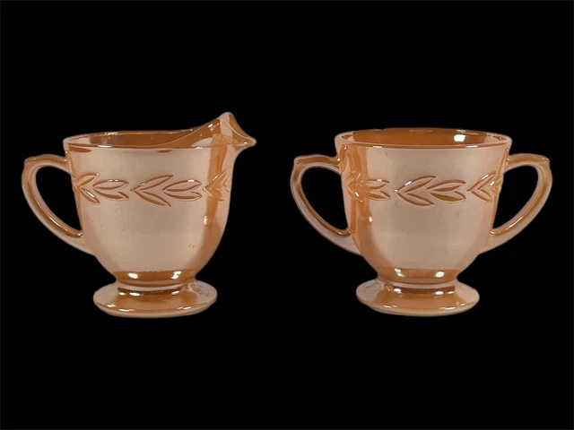 Vtg. Fire King Peach Lusterware Laural Leaf Sugar and Creamer EUC