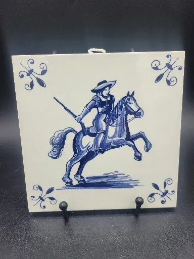 Blue Delft Design Knight 4.25" ONE Ceramic Art Tile Wall Plaque Marked G  Wreath