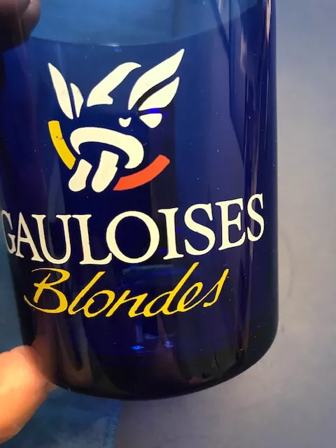 Kaffee Becher "Gauloises Blondes" Glas Tasse Reklame blau transparent rar