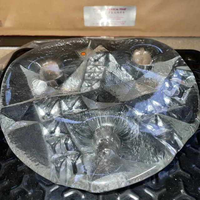 Vintage Blenko Ice Clear Glass Art Sculpture 3 Candle Holder 8" Heavy (B1)
