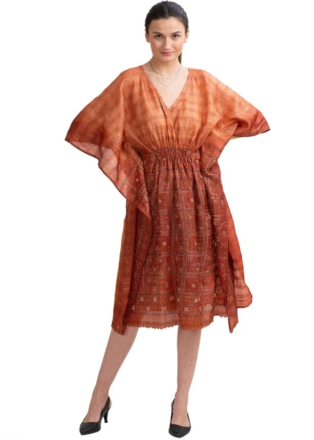 Sanskriti Vintage Midi Kaftan Pure Silk Floral Zardozi, Upcycled Free Size