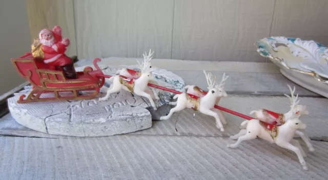 Vintage Plastic CHRISTMAS Miniature SANTA CLAUS Sleigh Reindeer Figure HONG KONG