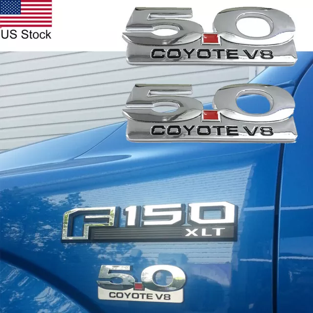 2PCS Chrome 5.0 Coyote V8 Side Fender Emblem Badge For Ford Mustang F-150 5.0L