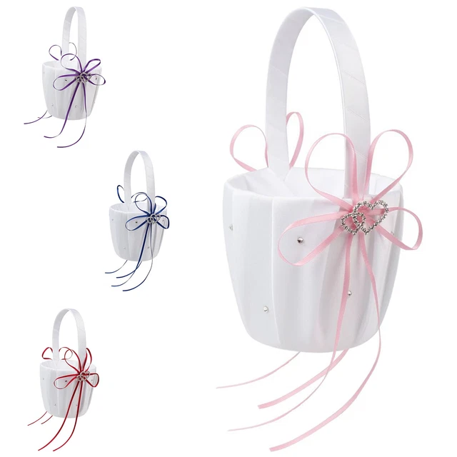 Double Coeur de Mariage Fleur Fille Panier Blanc Satin Strass Décor Rose FaveuV3