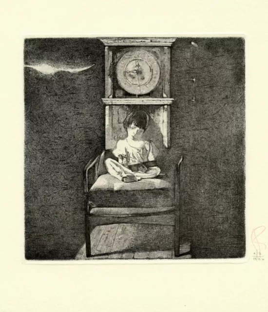Reading Book, Clock, Original Limited Edition Etching Ex libris by Ivan Rusachek