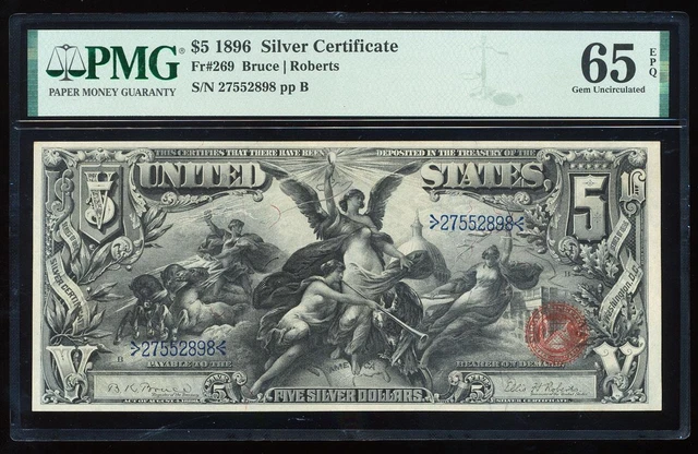 Fr.269 1896 $5 Silver Certificate Pmg65 Epq Gem Cu