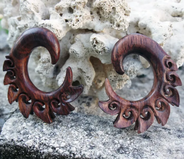 Sono Wood Hangers w/ Dual Spiked Curls Tribal Gauges Plugs Organic Handmade USA