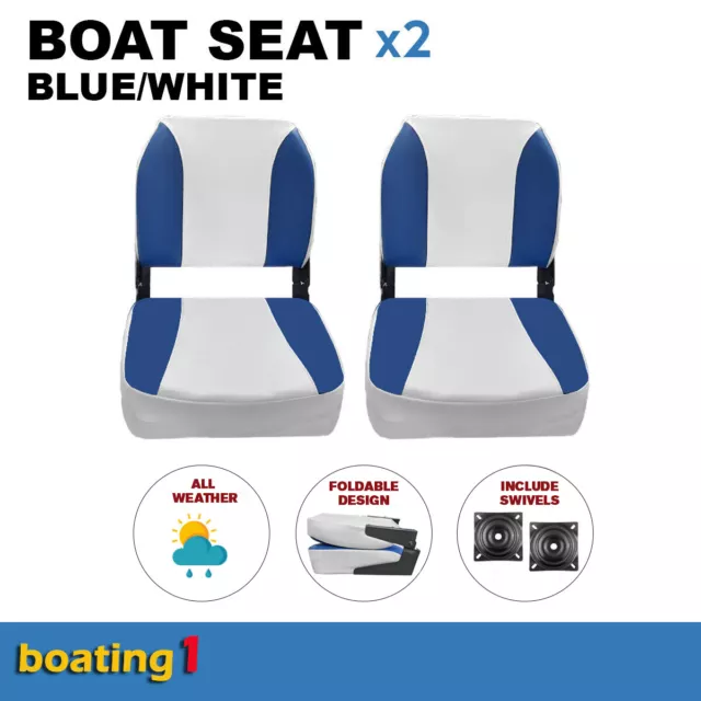 2 Deluxe Boat Seats Blue/White With Swivels Folding Fishing Cushion Marine