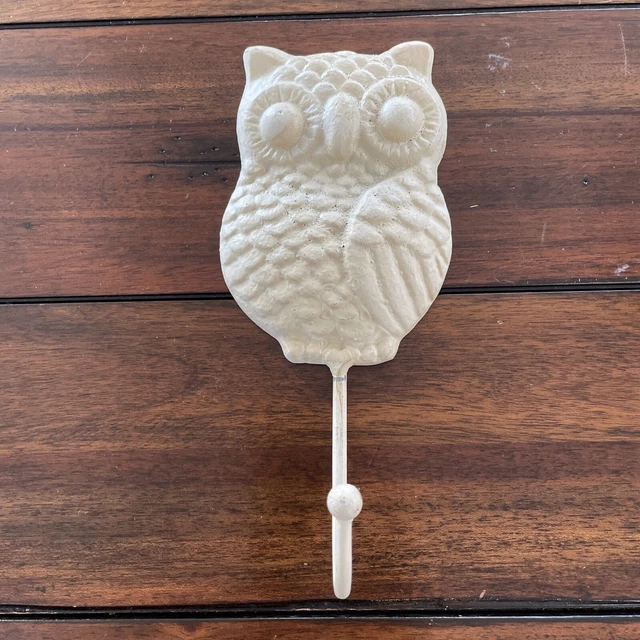 Owl Cast Iron Single Wall Hook Towel Coat Hanger White 7 in Rustic Farmhouse
