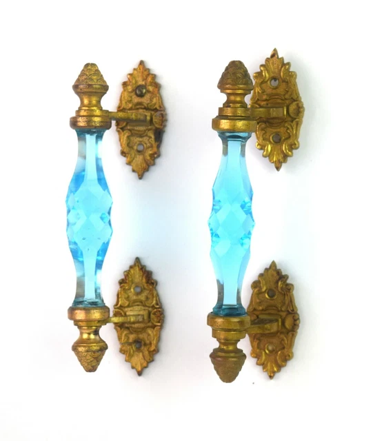 Pair of Vintage Brass Rare Victorian Cut Blue Glass Door Handle Decor.i24-130