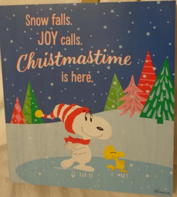 Peanuts Christmas Wall Plaque Wooden Hanging Art Skating Snoopy Woodstock Nwt