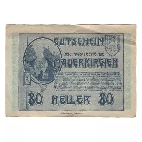 [#324103] Banknote, Austria, Mauerkirchen O.Ö. Gemeinde, 80 Heller, Texte, 1920