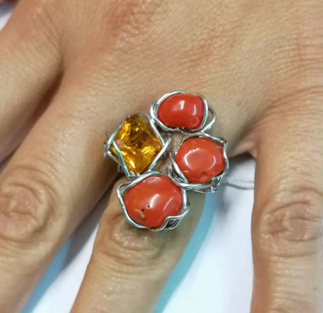 Bague pour Femme Vrai Corail Rouge Sardaigne Topaze Jaune Réglable Argent 925