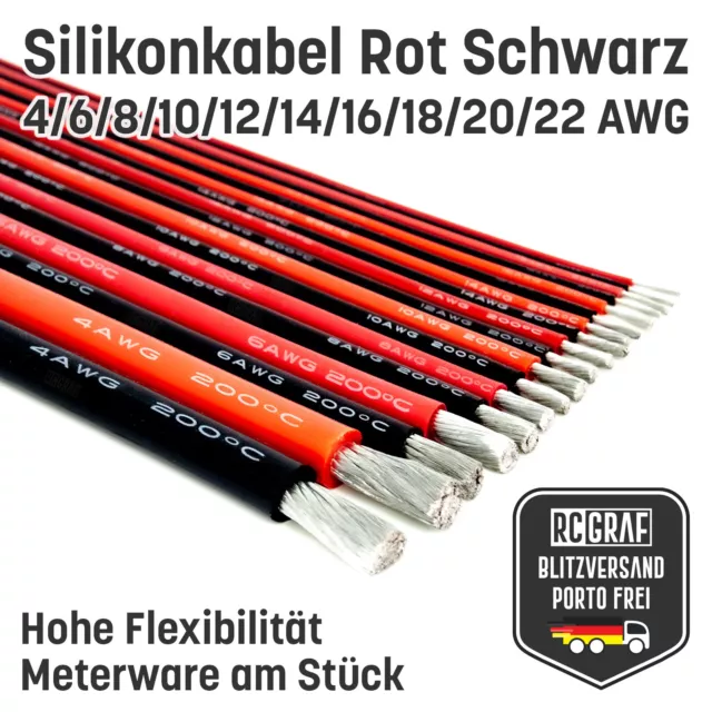 Silikonkabel hoch flexibel 4 6 8 10 12 14 16 18 20 22 AWG Rot Schwarz Kupfer RC