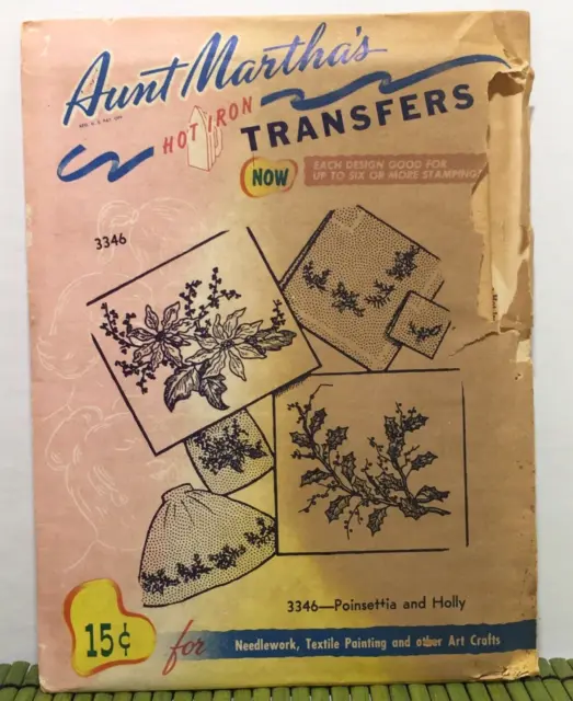 Aunt Marthas Hot Iron Transfers Patterns 3346 Poinsettia and Holly