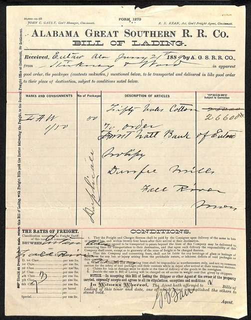 ALABAMA GREAT SOUTHERN Railroad 1889 Bill of Lading 26,600 Lbs. Cotton
