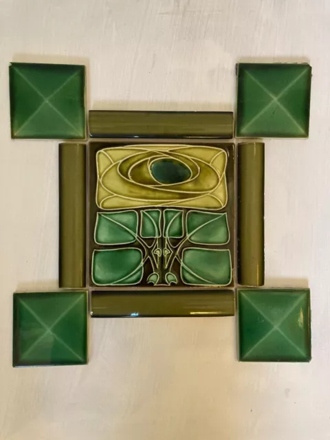 Vintage Green Majolica Tile Set - Art Nouveau - made in England