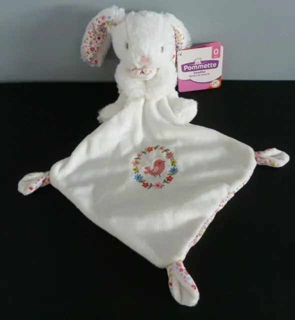 R7. Doudou Pommette Lapin Blanc Rose Mouchoir Rond Oiseau Fleur - Neuf Etiquette