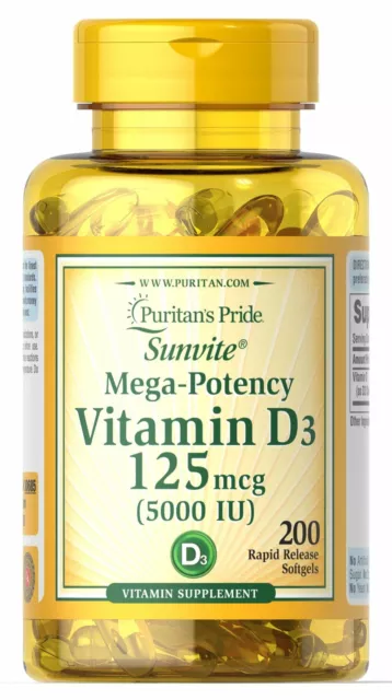 Puritan's Pride Vitamin D3 5000 IU - 200 / 400 / 600 Softgels - Vitamin D-3