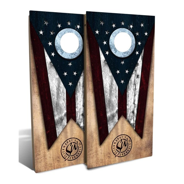 Slick Woody's Backyard Ohio State Flag Cornhole Board Set in Brown (8 Bags)