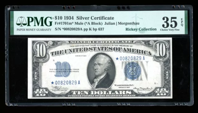 DBR 1934 $10 Silver Mule STAR Fr. 1701m* PMG 35 EPQ Serial *00820829A