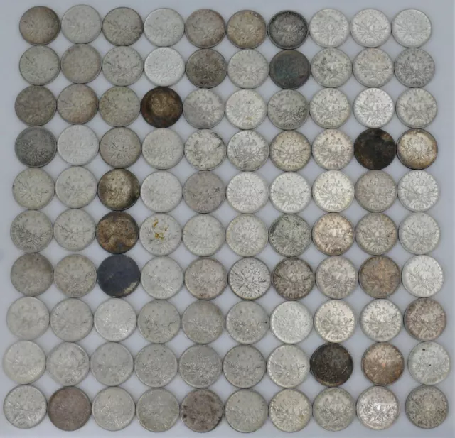 Lot de 100 pièces de 5 Francs, semeuse, argent - REFP107.